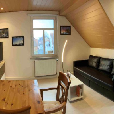 Wohnzimmer mit Schlafcouch in der Ferienwohnung Herzbergblick