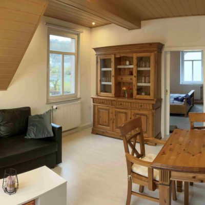 Wohnzimmer mit Schlafcouch in der Ferienwohnung Herzbergblick